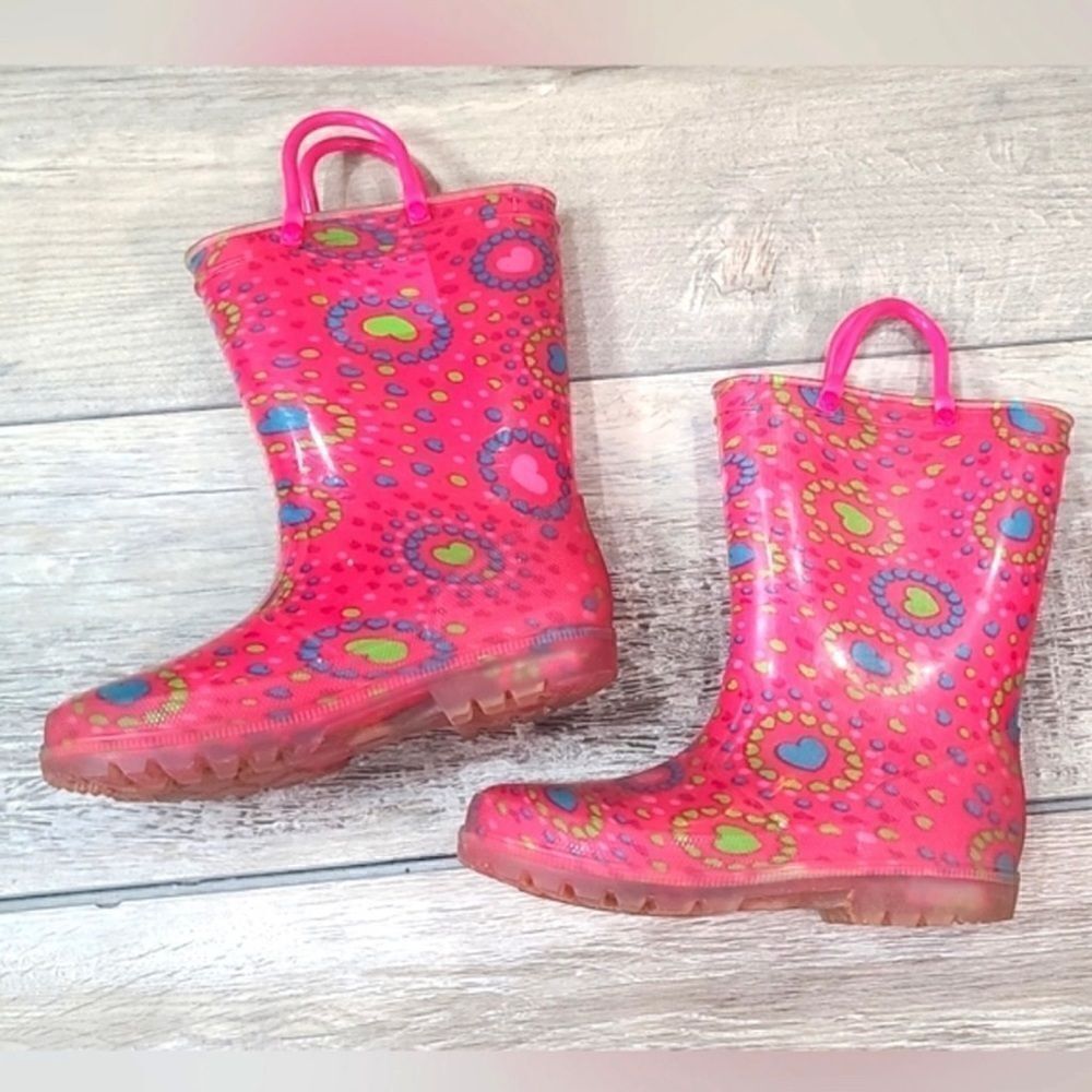 EUC - Girls Pink Rubber Rain Boots Hearts Graphic Pull Up Straps - Size 11/12 - Picture 2 of 8